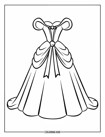 Wedding Dress Coloring Page for Kids: A princess-style wedding dress with a big ribbon and pearl details