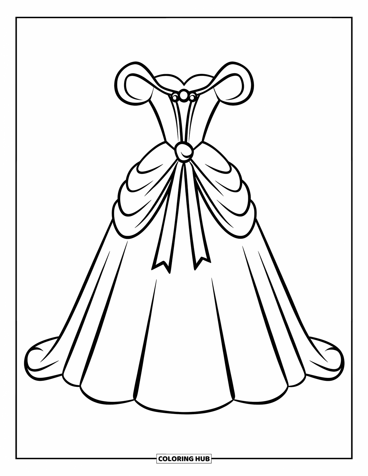 Wedding Dress Coloring Page for Kids: A princess-style wedding dress with a big ribbon and pearl details