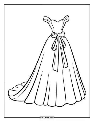 Wedding Dress Coloring Page for Kids: A princess-style wedding gown with a sweetheart neckline and a bow-tied sash looks timeless
