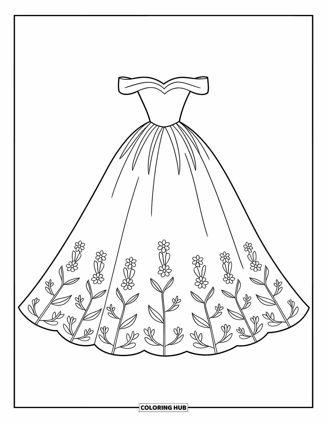 Wedding Dress Coloring Page for Kids: A romantic strapless wedding gown with floral embroidery graces the page with its delicate design