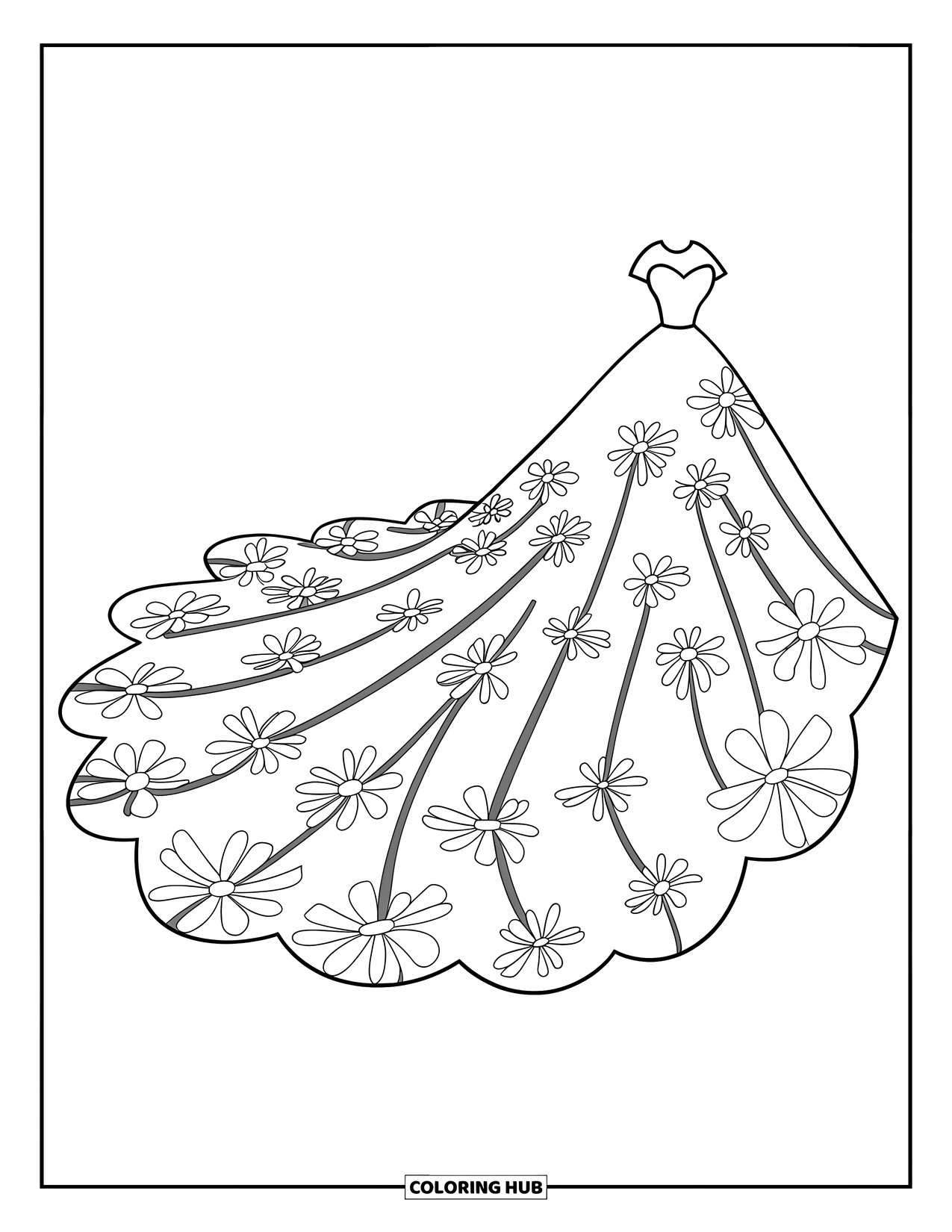 Wedding Dress Coloring Page for Kids: A romantic wedding gown with a floral-patterned train cascades in delicate layers