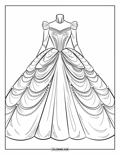 Wedding Dress Coloring Page for Kids: A royal-style wedding dress with intricate beadwork and flowing layers radiates regal elegance