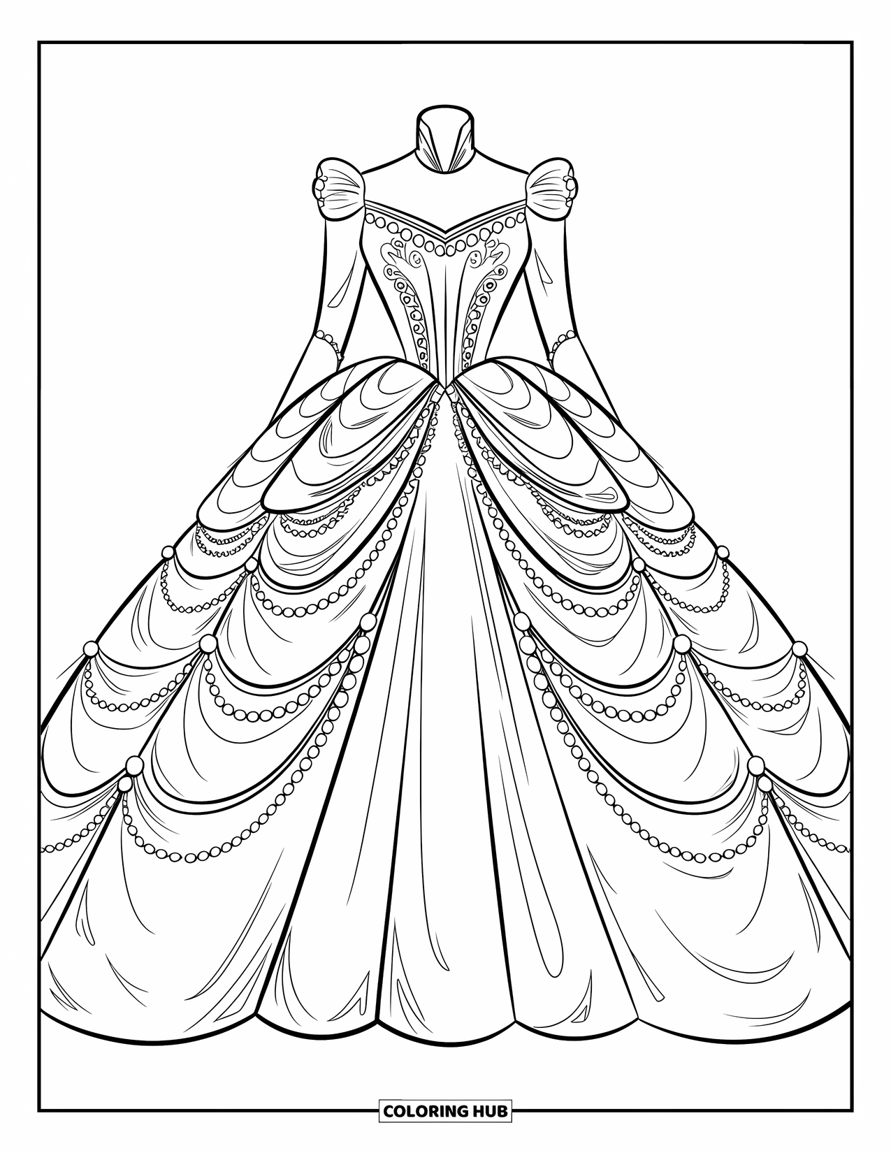 Wedding Dress Coloring Page for Kids: A royal-style wedding dress with intricate beadwork and flowing layers radiates regal elegance