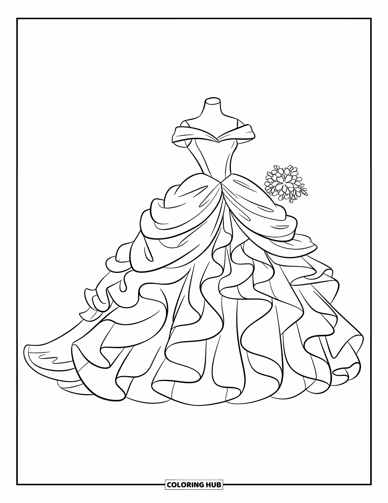 Wedding Dress Coloring Page for Kids: A ruffled princess gown displayed on a mannequin with a flower bouquet