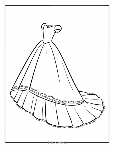 Wedding Dress Coloring Page for Kids: A ruffled wedding dress with lace trim displayed on a mannequin