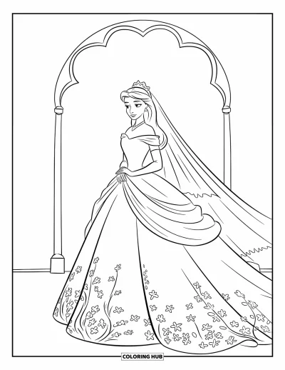 Wedding Dress Coloring Page for Kids: A sheer wedding gown with delicate floral embroidery at the hem is worn by a serene princess