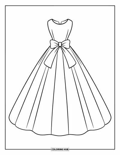 Wedding Dress Coloring Page for Kids: A simple yet elegant straight-cut wedding dress with a central bow