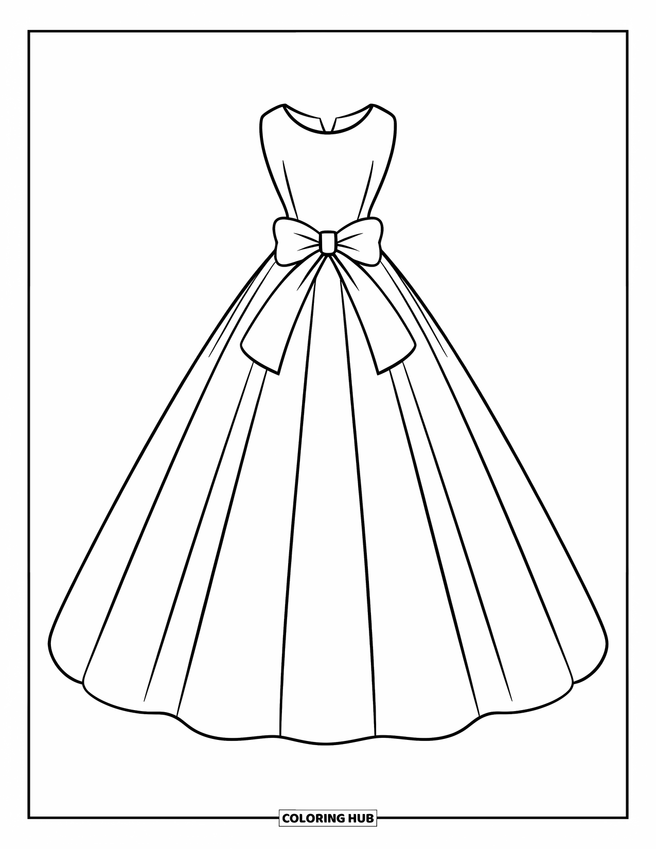 Wedding Dress Coloring Page for Kids: A simple yet elegant straight-cut wedding dress with a central bow