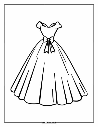 Wedding Dress Coloring Page for Kids: A simple yet elegant wedding gown with a bow and a rounded skirt