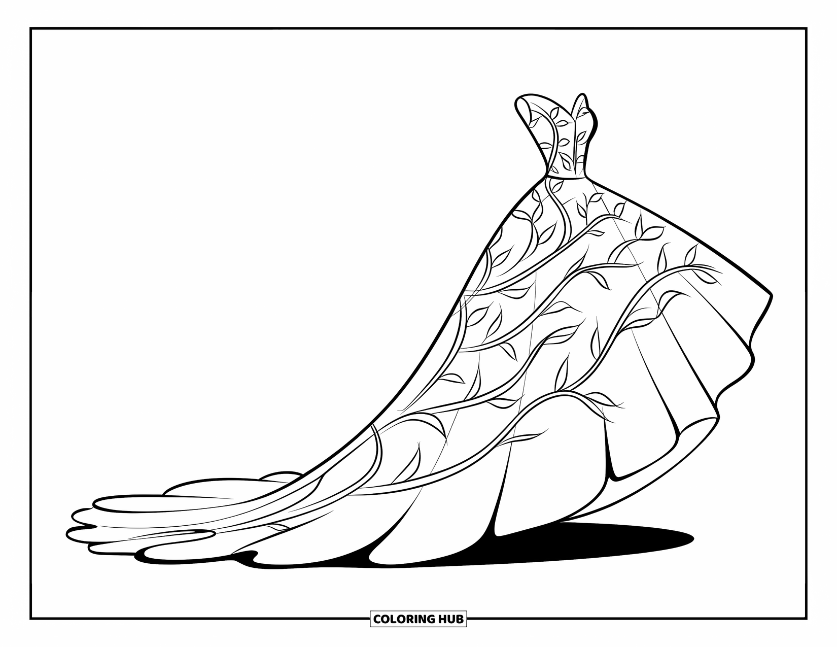 Wedding Dress Coloring Page for Kids: A sleek wedding dress with flowing vine details and a raised train graces the page