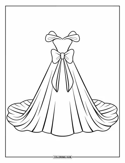 Wedding Dress Coloring Page for Kids: A straight-cut wedding dress with a large bow at the center