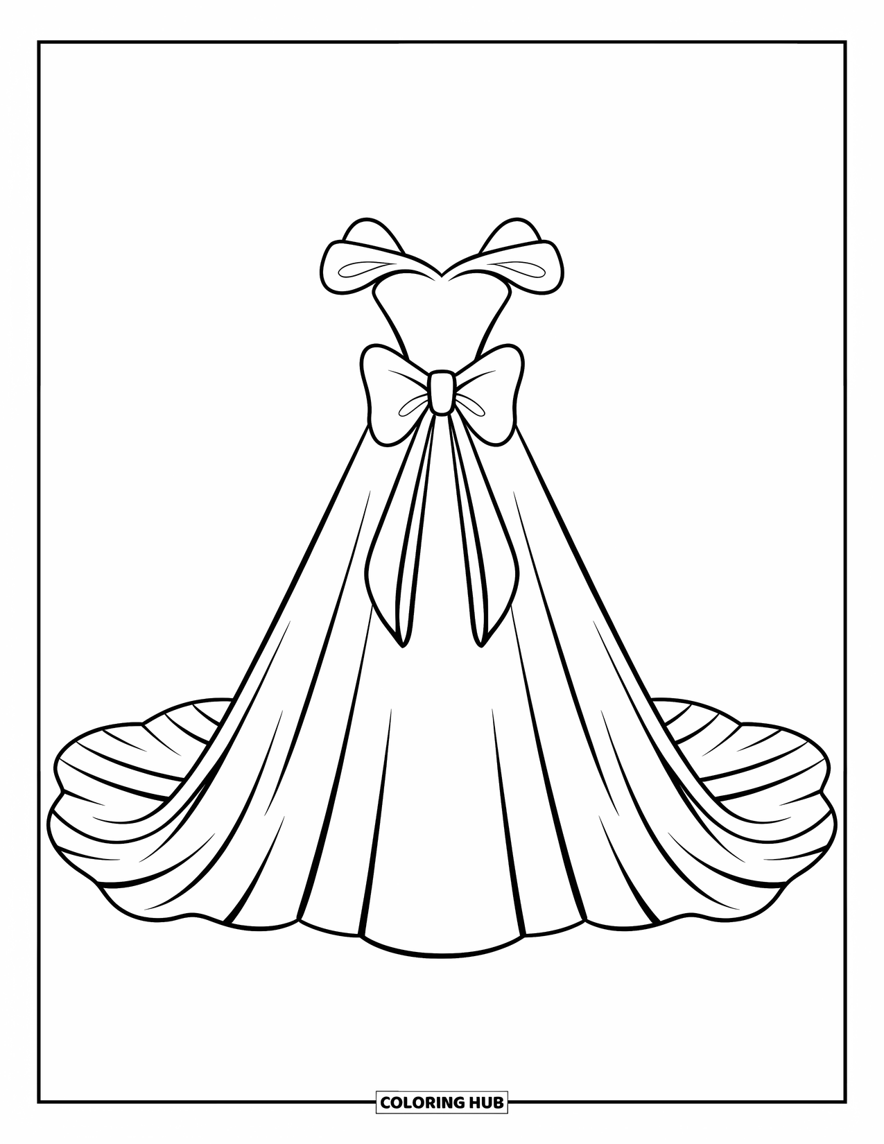 Wedding Dress Coloring Page for Kids: A straight-cut wedding dress with a large bow at the center
