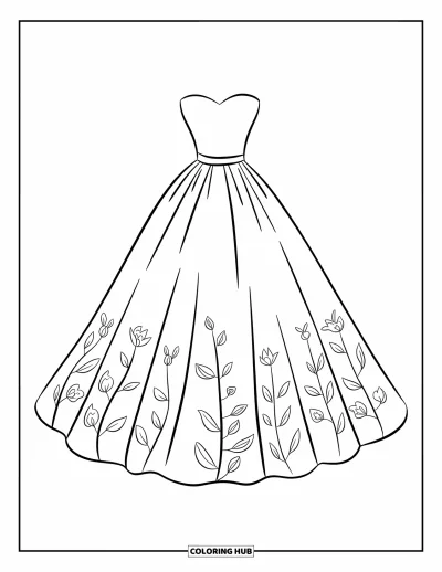 Wedding Dress Coloring Page for Kids: A strapless wedding dress with delicate embroidery along the skirt flows in elegant layers
