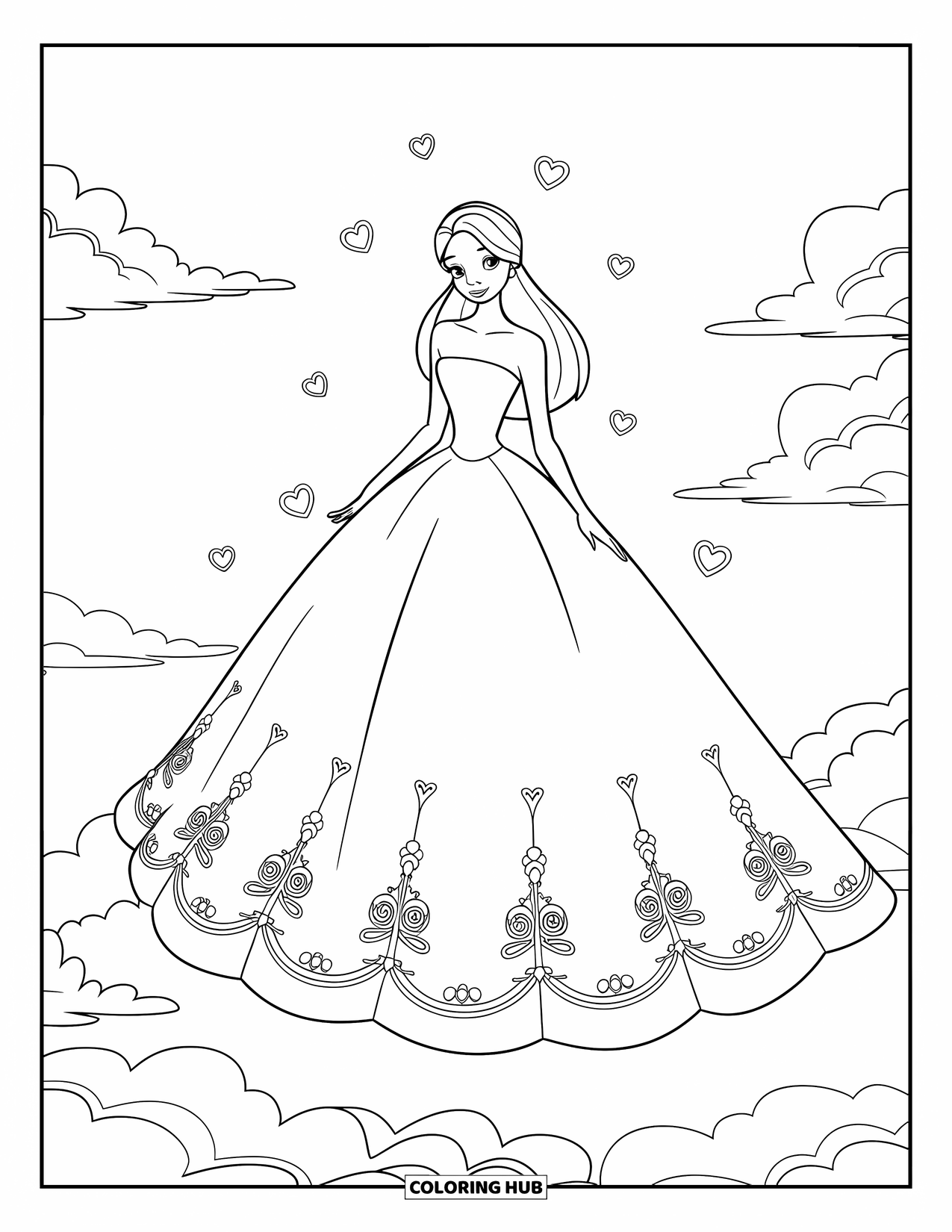 Wedding Dress Coloring Page for Kids: A strapless wedding dress with floral embroidery is worn by a princess floating among clouds
