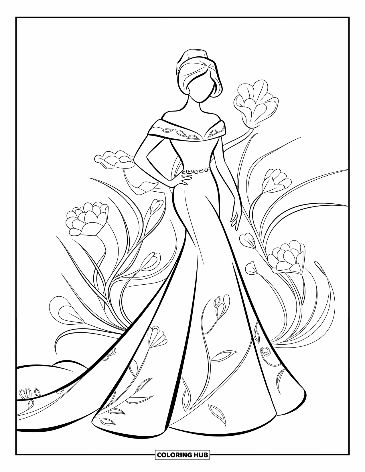 Wedding Dress Coloring Page for Kids: A stylish wedding dress with floral engravings and an elegant train exudes modern elegance