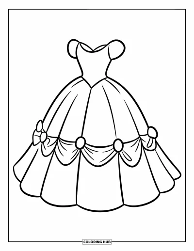 Wedding Dress Coloring Page for Kids: A timeless wedding dress with a bow and a voluminous skirt