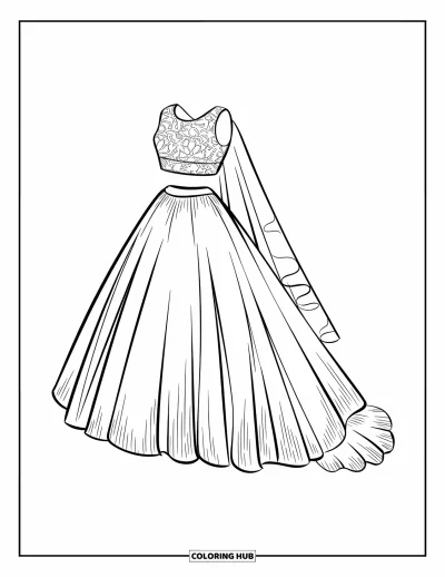 Wedding Dress Coloring Page for Kids: A two-piece wedding dress with a cropped lace top and a full, elegant skirt flows gracefully