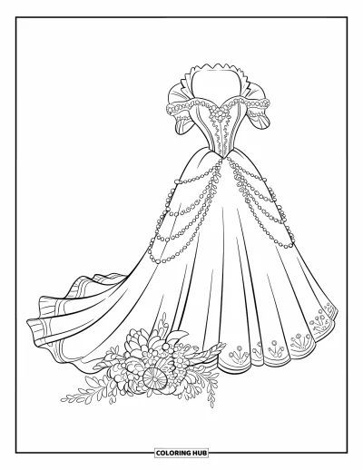 Wedding Dress Coloring Page for Kids: A vintage-style gown with lace and pearl accents, paired with a floral bouquet