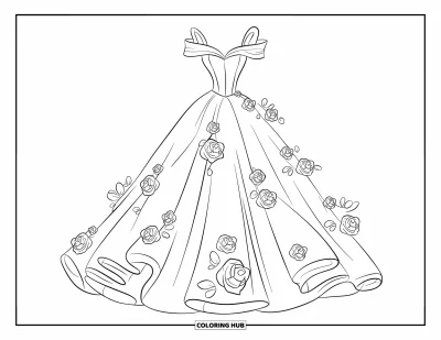 Wedding Dress Coloring Page for Kids: A voluminous wedding gown with a corset bodice and floral details cascades in soft tulle layers