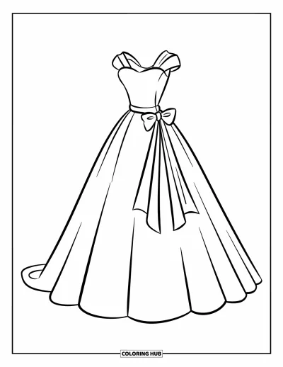 Wedding Dress Coloring Page for Kids: A wedding dress with a fitted bodice, full skirt, and a sash tied into a graceful bow