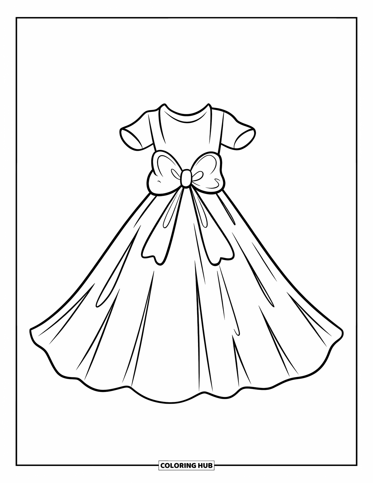 Wedding Dress Coloring Page for Kids: A wedding dress with a large bow and a clean, elegant silhouette