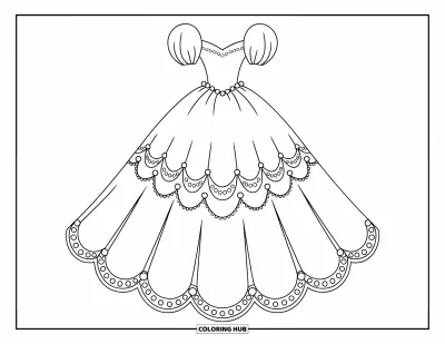 Wedding Dress Coloring Page for Kids: A wedding gown with puffed sleeves, scalloped lace, and a pearl-adorned waistline looks regal