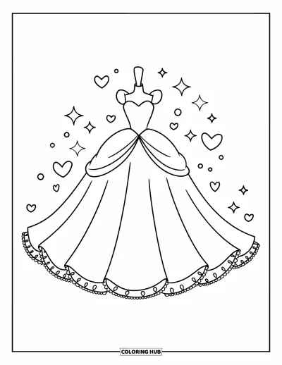 Wedding Dress Coloring Page for Kids: A wedding gown with ruffled details, hearts, and stars surrounding it