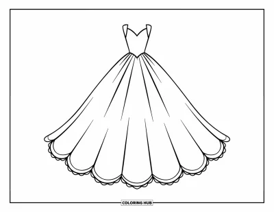 Wedding Dress Coloring Page for Kids: An A-line wedding dress with a scalloped hem and a flowing train