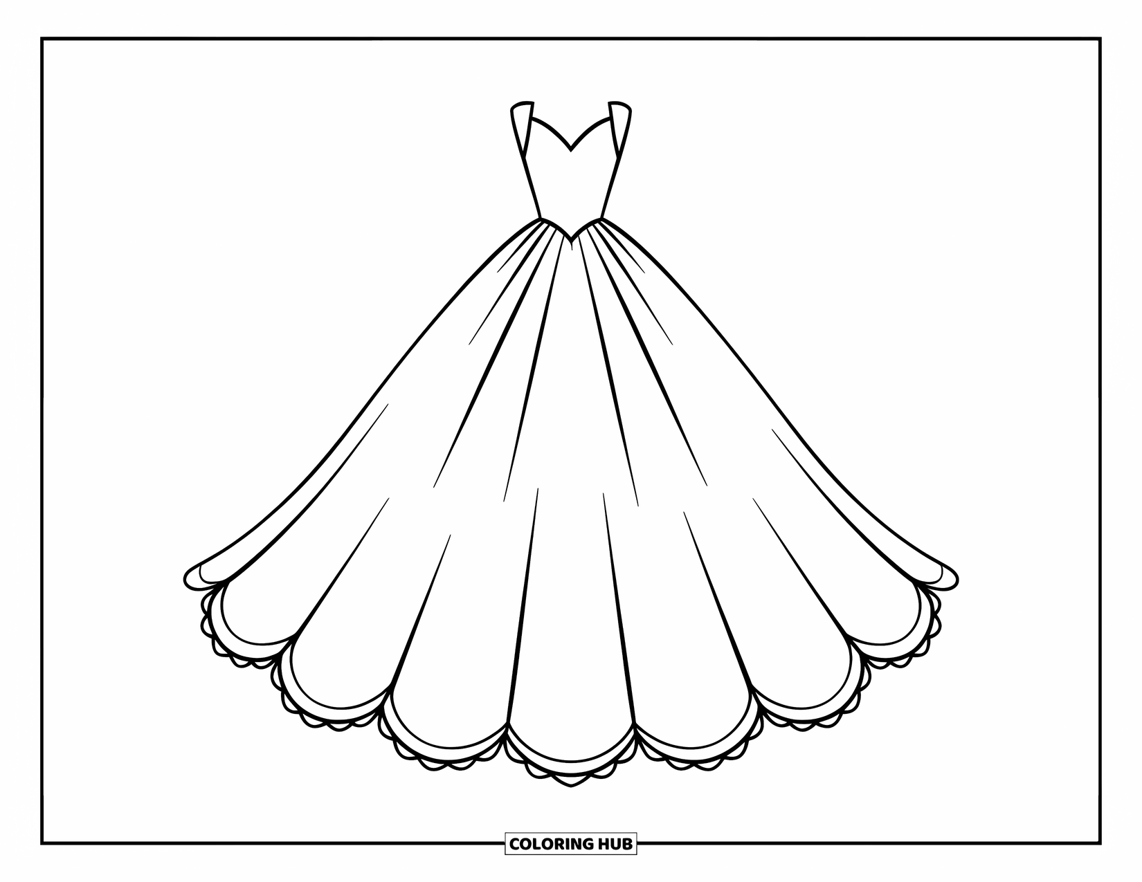 Wedding Dress Coloring Page for Kids: An A-line wedding dress with a scalloped hem and a flowing train