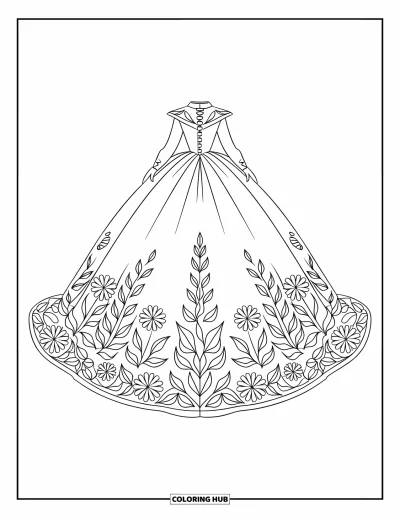 Wedding Dress Coloring Page for Kids: An elegant wedding ballgown with intricate lace embroidery flows gracefully on a white platform