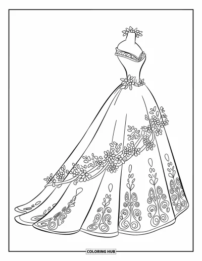 Wedding Dress Coloring Page for Kids: An elegant wedding gown with lace patterns and floral trim