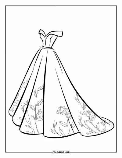 Wedding Dress Coloring Page for Kids: An off-shoulder wedding gown with a sleek silhouette and floral patterns stands beautifully