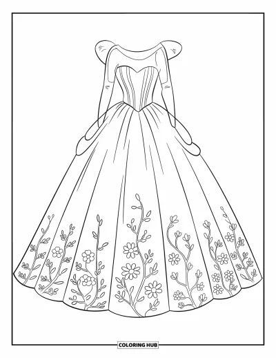 Wedding Dress Coloring Page for Kids: The gown features a sheer outer layer with floral embroidery at the hem