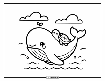 Coloriage de baleine pour adultes : Un bébé baleine et une petite tortue se câlinent alors qu'ils flottent ensemble sur de douces vagues océaniques
