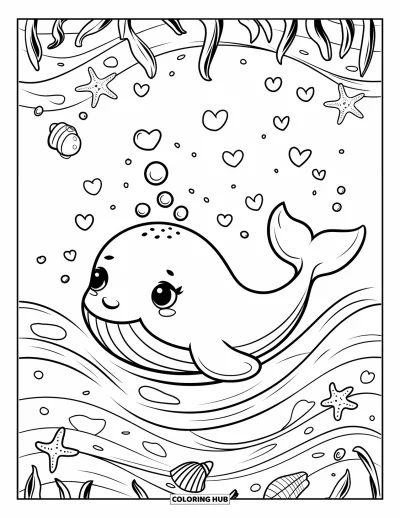 Coloriage de baleine pour adultes : Un bébé baleine flotte joyeusement sur une vague, avec des coquillages et des étoiles de mer décorant la mer
