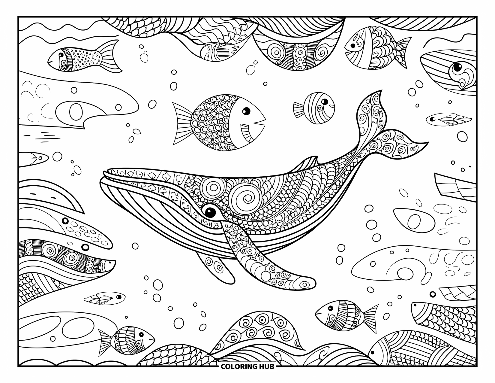 Whale Coloring Page for Adults: A beautifully patterned whale glides through a sea of swirling Zentangle waves and floating fish