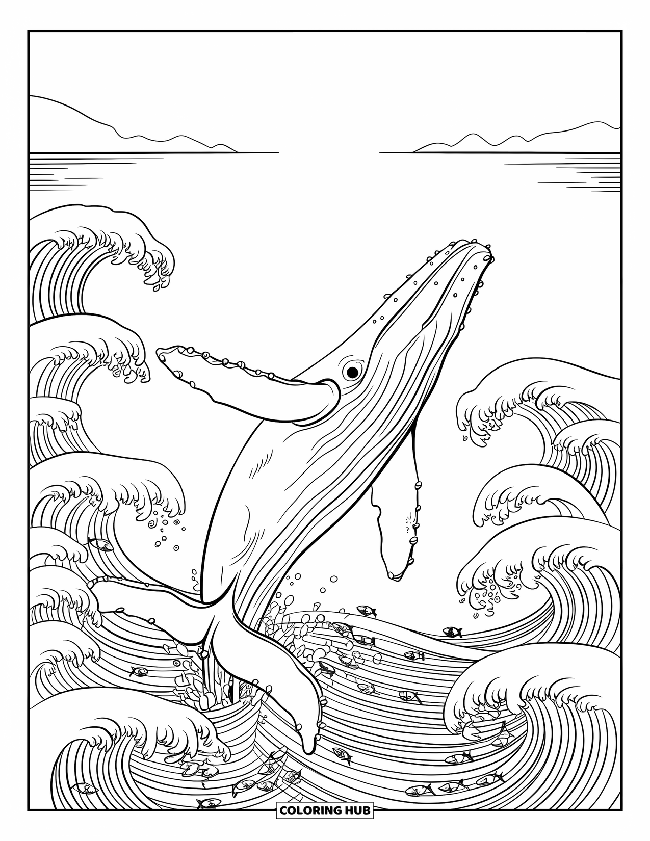 Whale Coloring Page for Adults: A breaching humpback whale emerges from circular waves, with small fish swimming around