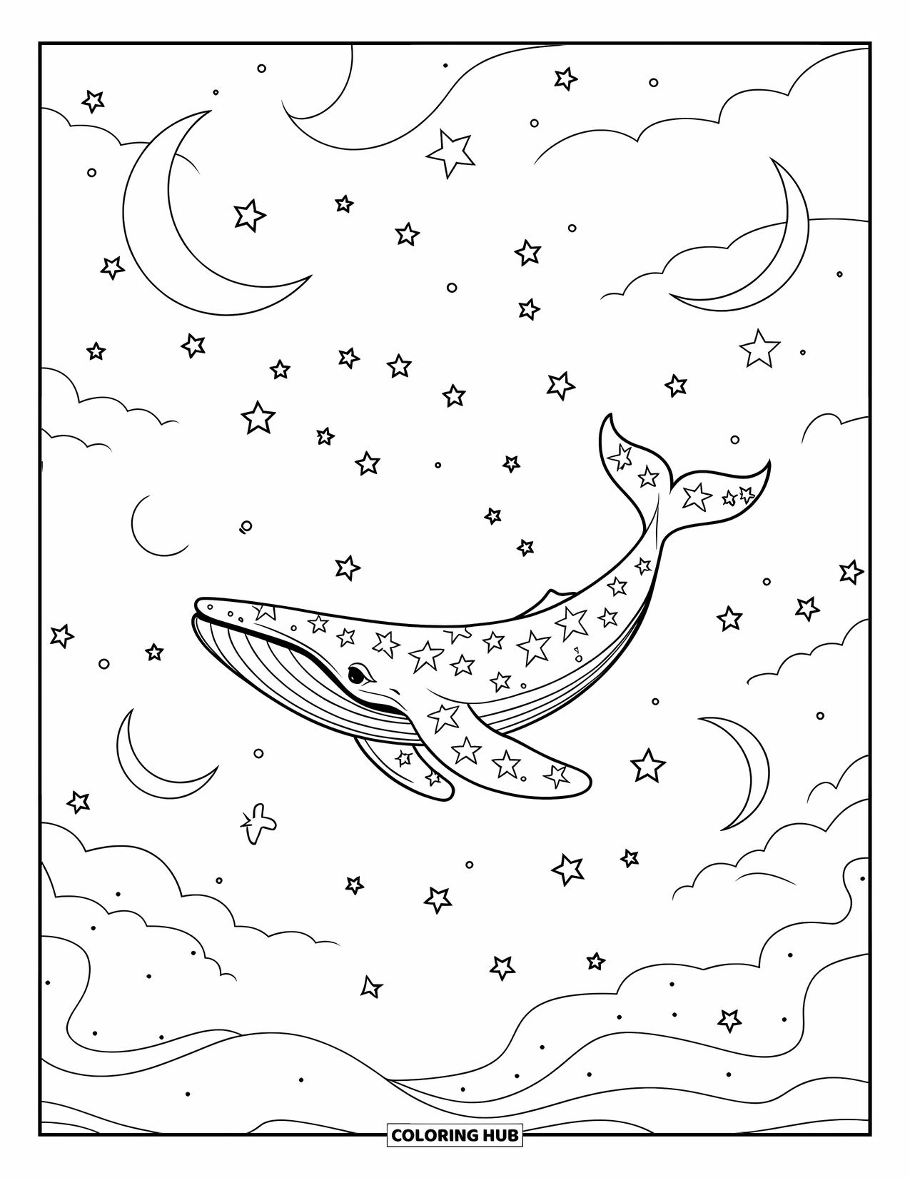 Whale Coloring Page for Adults: A celestial whale covered in swirling stars floats peacefully among crescent moons and galaxies