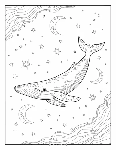 Coloriage de baleine pour adultes : Une baleine céleste dérive dans un ciel rêveur, entourée d'étoiles et de croissants de lune