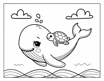 Coloriage de baleine pour adultes : Un bébé baleine joyeux se blottit contre une tortue de mer alors qu'ils dérivent dans la mer paisible