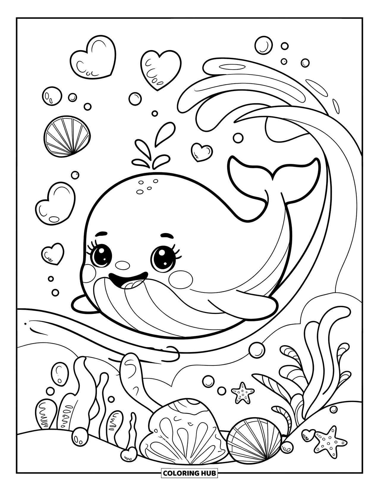 Whale Coloring Page for Adults: A cheerful baby whale swims through heart-shaped bubbles, with seashells and seaweed nearby