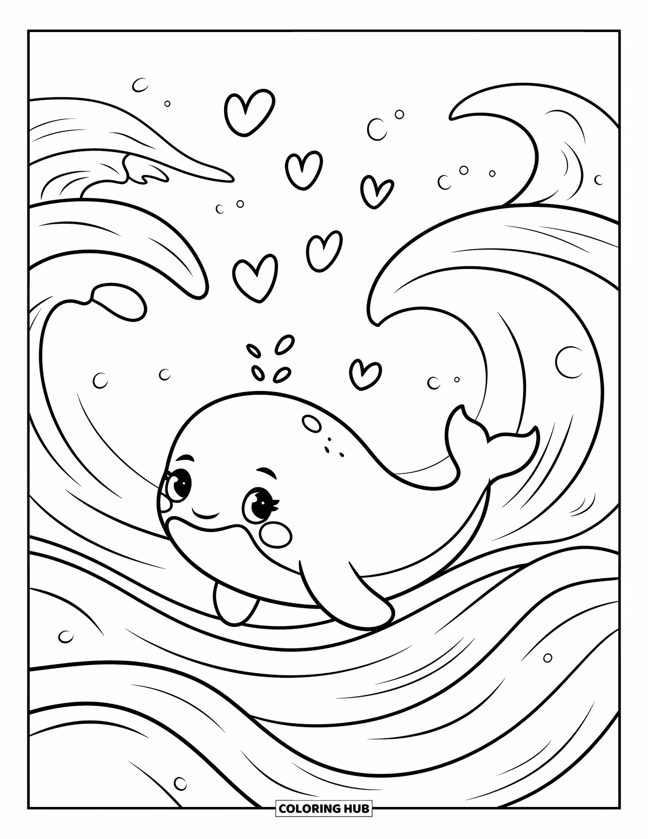 Whale Coloring Page for Adults: A chubby baby whale drifts on a gentle wave, surrounded by tiny heart-shaped bubbles
