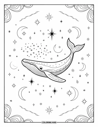 Coloriage de baleine pour adultes : Une baleine cosmique aux motifs complexes s'élève dans un ciel nocturne étoilé avec des lunes brillantes