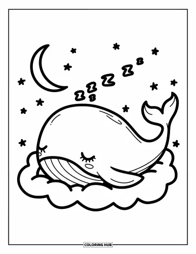 Coloriage de baleine pour adultes : Une baleine confortable somnole sur un nuage doux, flottant sous un ciel rempli d'étoiles scintillantes
