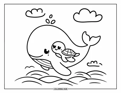 Coloriage de baleine pour adultes : Un bébé baleine mignon se blottit contre une petite tortue de mer, dérivant sous des nuages ​​duveteux