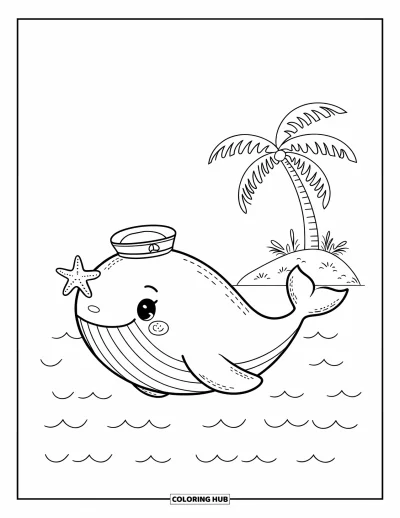 Coloriage de baleine pour adultes : Une baleine mignonne portant un chapeau de marin dérive près d'une petite île, équilibrant une étoile de mer de manière ludique