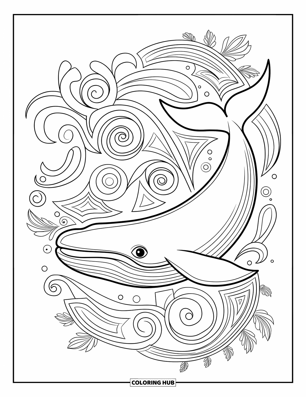 Whale Coloring Page for Adults: A decorative whale adorned with intricate spirals and floral patterns swims through a tranquil ocean