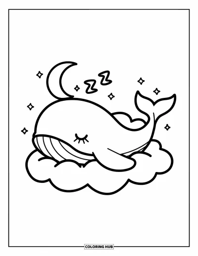 Coloriage de baleine pour adultes : Une baleine rêveuse fait la sieste sur un nuage tandis qu'un croissant de lune et de minuscules étoiles brillent au-dessus