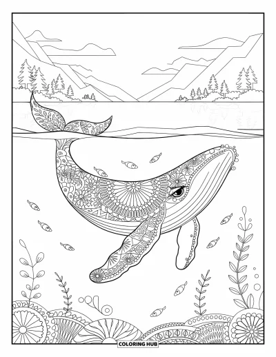 Coloriage de baleine pour adultes : Une baleine à motifs floraux nage aux côtés de petits poissons, avec des montagnes et des arbres au loin