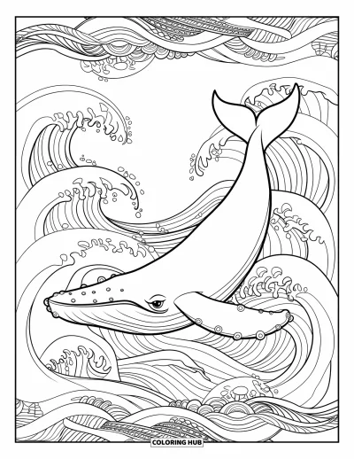 Coloriage de baleine pour adultes : Une baleine gracieuse nage dans l'océan, entourée de vagues et de motifs tourbillonnants complexes